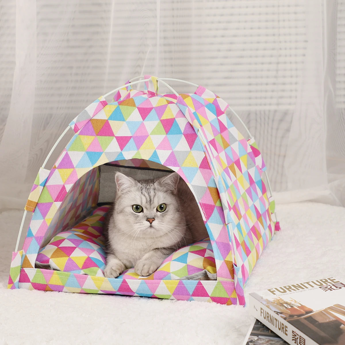 Pet beds, cat tents, home products.